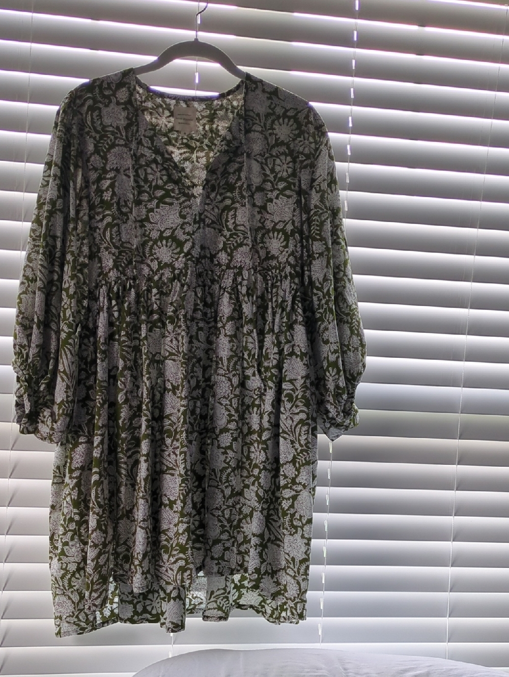 Floral V-Neck Smock Mini Dress - Olive & White